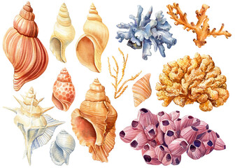Bright set of sea shells and coral. Watercolor illustration.