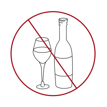 Glass, bottle and prohibition sign on white background. Alcoholism concept