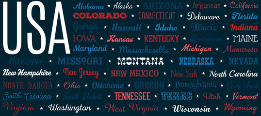 Blue background with cute lettering of USA states. Vector design.