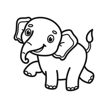 Cute elephant. Coloring book. Black and white vector illustration.
