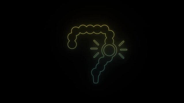 Glowing neon intestinal pain icon on black background. abdominal pain, sick intestine. 4K video animation for motion graphics and compositing.