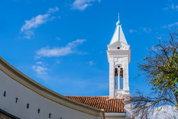 A Spanish colonial church bell tower in Cuenca, Ecuador