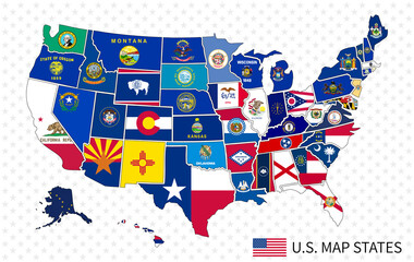 Multicolored map of United States of America with flags of states and borders. Vector design.