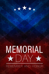 Vector of US Memorial Day celebration background banner or greeting card, with text and USA flag elements.