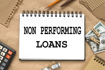NON PERFORMING LOANS. text on an open notebook on a brown background near the calculator