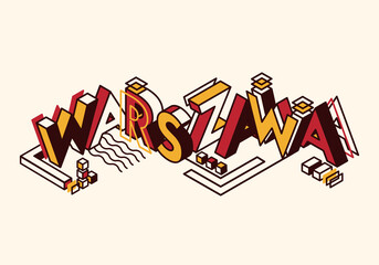 Warsaw / Warszawa isometric lettering. Stock vector illustration for poster, banner, print, greeting card. White, red, yellow colors of Warsaw flag. Creative logo, icon for capital of Poland. - obrazy, fototapety, plakaty