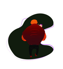 Big father holding little daughter in his arms. Cute illustration. Color vector. Red, green. Father`s day. For postcard, web