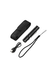 Modern metal LED flashlight in black color. Portable flashlight isolate on a white back