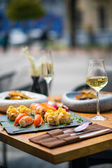 sushi and white wine outdoor