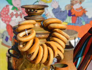 Samovar with bagels. Ancient Russian tradition of tea drinking