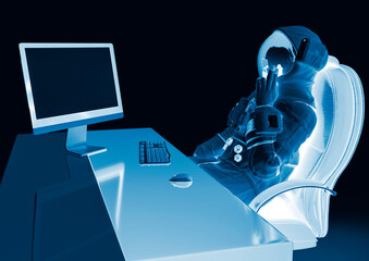 astronaut is doing his job from the home office like a boss