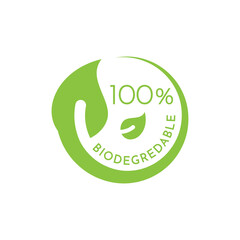 Biodegradable label in green with leaf and circle. Eco packaging recyclable symbol.