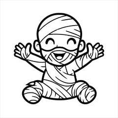 Cute little boy mummy cartoon waving hand vector image, mummy illustration , coloring book page for kids 