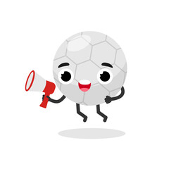 Character soccer ball winner with megaphone. Football cartoon illustration.