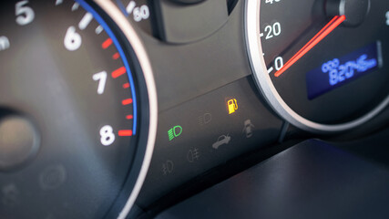 Empty fuel gas gauge. Car tank low petrol meter indicator on dashboard. Fuel car gauge empty.