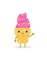 Cartoon pink ice cream emoji character. Sweet food. Cute vector illustration