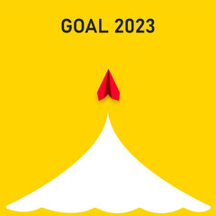 Red paper airplane flying towards 2023 target. Concept of new idea, change, trend, courage, innovation and unique way, solution.