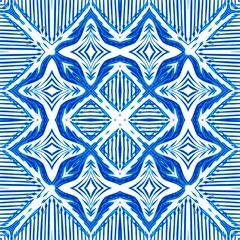 Blue white watercolor azulejos tile background. Seamless coastal geometric floral mosaic effect. Ornamental arabesque all over summer fashion damask repeat
