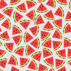 Seamless pattern with pieces of watermelon on a light background. Fruity summer pattern. Vector illustration