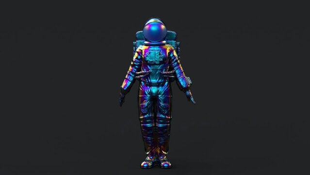 Surreal greeting astronaut or cosmonaut or spaceman in space suit, futuristic sci-fi cosmic galactic background, 3d render modern trendy contemporary creative animation, seamless loop illustration