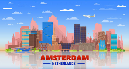 Amsterdam skyline with panorama in white background. Vector Illustration. Business travel and tourism concept with modern buildings. Image for presentation, banner, web site. - obrazy, fototapety, plakaty