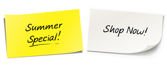 Handwritten messages on sticky notes . Summer Special! Shop Now!