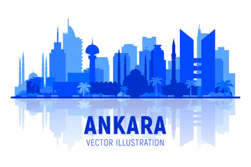 Obraz premium Ankara (Turkey) city skyline silhouette at white background. Flat vector illustration. Business travel and tourism concept with modern and old buildings. Image for banner or web site. 