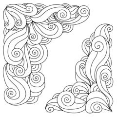 Zen doodle corners with curls and spirals, meditative coloring or design element
