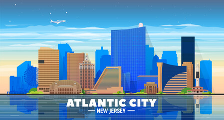 Atlantic City (New Jersey) skyline at sky background. Flat vector illustration. Business travel and tourism concept with modern buildings. Image for banner or web site. © Serhii