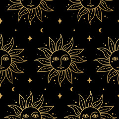 Black and Gold seamless pattern with sun. Contemporary celestial boho wall decor. Trendy texture for print, textile, packaging, giftware