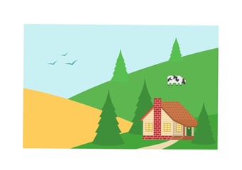 Obraz na płótnie Canvas Postcard or stamp concept. Colorful postal image with village or farm landscape, house and cow. Postal service or communication. Cartoon flat vector illustration isolated on white background