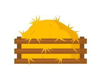 Bale of hay icon. Colorful sticker with large haystack or dry straw in wooden basket or box for transportation. Agriculture or farming. Cartoon flat vector illustration isolated on white background © Rudzhan