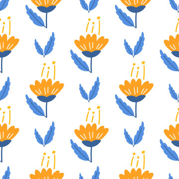 Calendula Flowers And Leaf Seamless Pattern. Scandinavian Style Background. Vector Illustration For Fabric Design, Gift Paper, Baby Clothes, Textiles, Cards