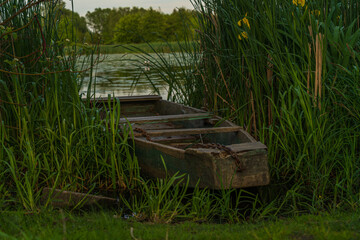 old wooden boat between the reeds moored to the shore behind the lake water and the other shore with trees romantic photo with beautiful evening view at sunset in spring