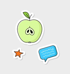 Back to school sticker. Bright set of badges with apple for snack, star award and speech bubble. Education and study. Getting knowledge. Cartoon flat vector illustration isolated on beige background