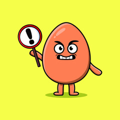 Cute cartoon illustration brown cute egg with exclamation sign board 