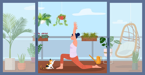 A woman doing yoga on apartment balcony decorated with green plants. Vector Illustration