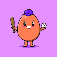 Cute cartoon brown cute egg character playing baseball in modern style design