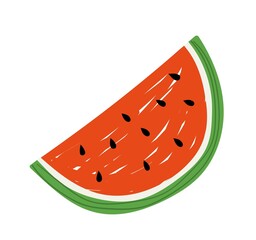 Colorful food sticker. Hand drawn icon with piece of juicy ripe watermelon. Sliced sweet fruit. Fresh delicious product with vitamins. Cartoon flat vector illustration isolated on white background