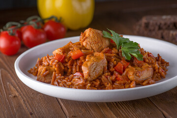 Rice similar to orzo pasta with chicken and vegetables Turkish cuisine Natural food Risoni