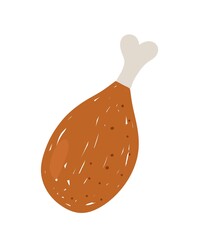 Colorful food sticker. Hand drawn texture icon with delicious fried chicken leg or turkey. Meat dish for lunch or dinner. Healthy diet. Cartoon flat vector illustration isolated on white background