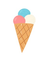 Colorful food sticker. Hand drawn texture icon with delicious sweet ice cream in waffle cone. Milk dessert with different flavors. Cartoon flat vector illustration isolated on white background