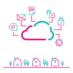 ポップなアイコンの街並みとクラウドイメージ　ピンクとブルー