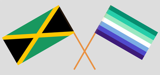 Crossed flags of Jamaica and gay men pride. Official colors. Correct proportion