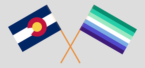 Crossed flags of The State of Colorado and gay men pride. Official colors. Correct proportion
