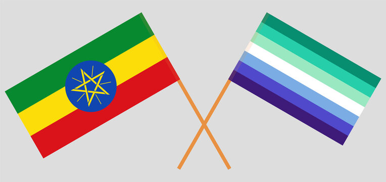 Crossed flags of Ethiopia and gay men pride. Official colors. Correct proportion