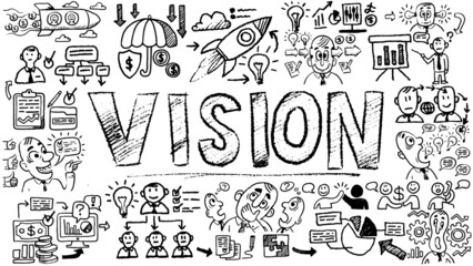 Business words and phrases typography doodle graphic with concept icons and symbols