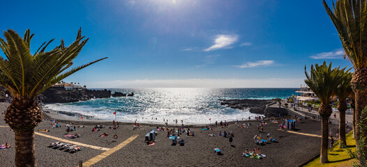 Playa de la Arena beach with black volcanic sand, Tenerife, Canary Islands, Spain