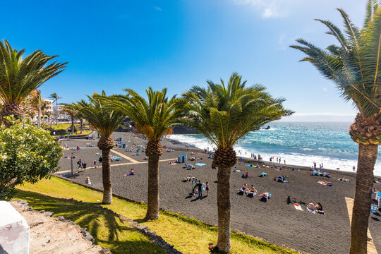 Playa de la Arena beach with black volcanic sand, Tenerife, Canary Islands, Spain