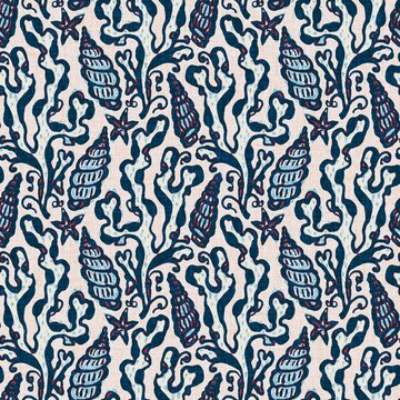 Indigo Blue Seashell nautical seamless pattern. Modern marine shell print in classic nantucket fabric textile hand drawn block print style. Summer 2 tone high contrast jpg tile swatch
